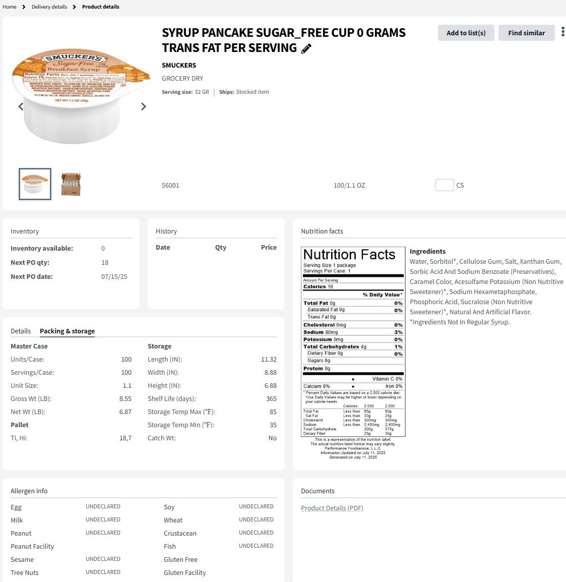 SYRUP PANCAKE SUGAR_FREE CUP 0 GRAMS TRANS FAT PER SERVING-100 cups per box