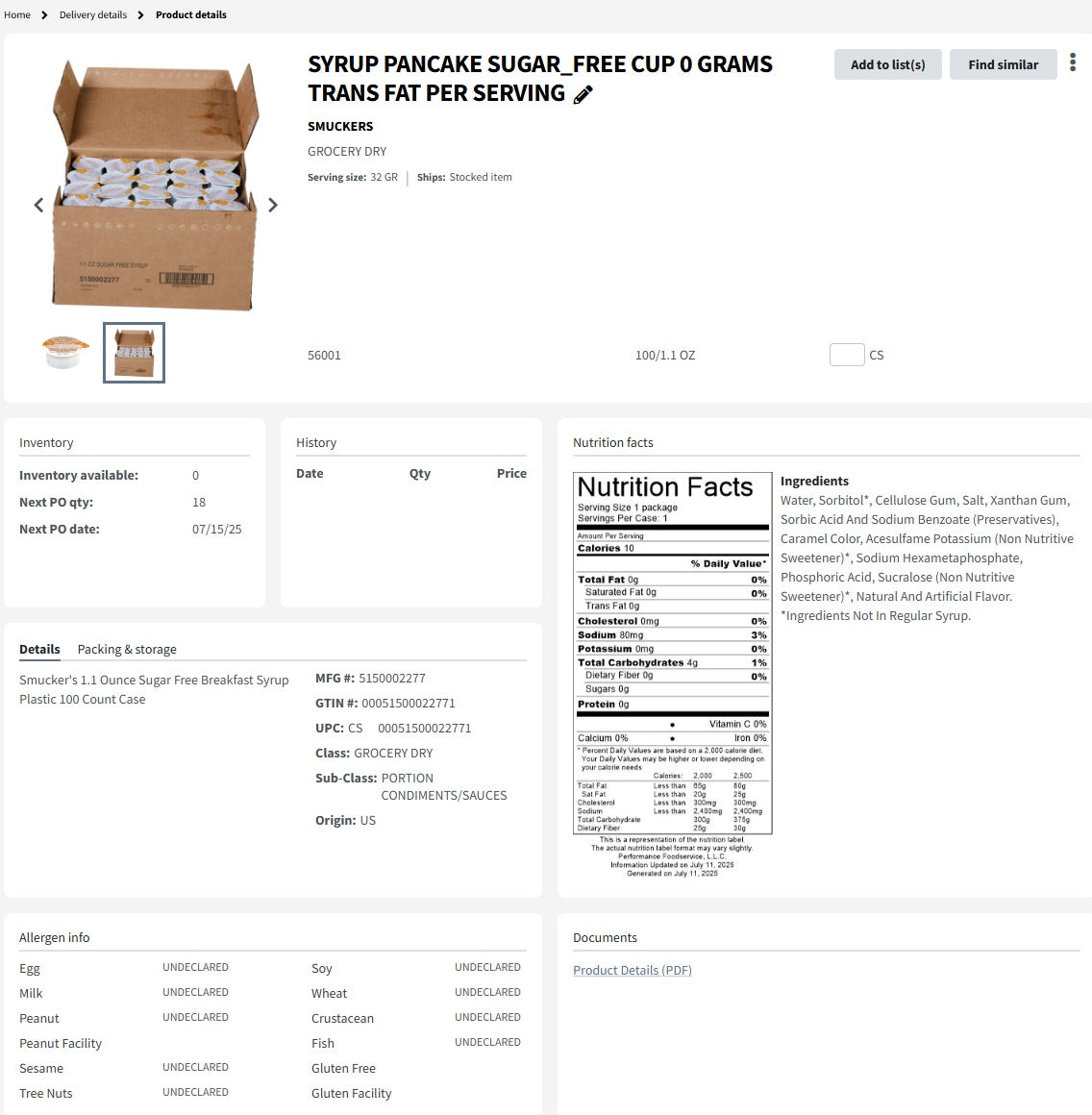 SYRUP PANCAKE SUGAR_FREE CUP 0 GRAMS TRANS FAT PER SERVING-100 cups per box